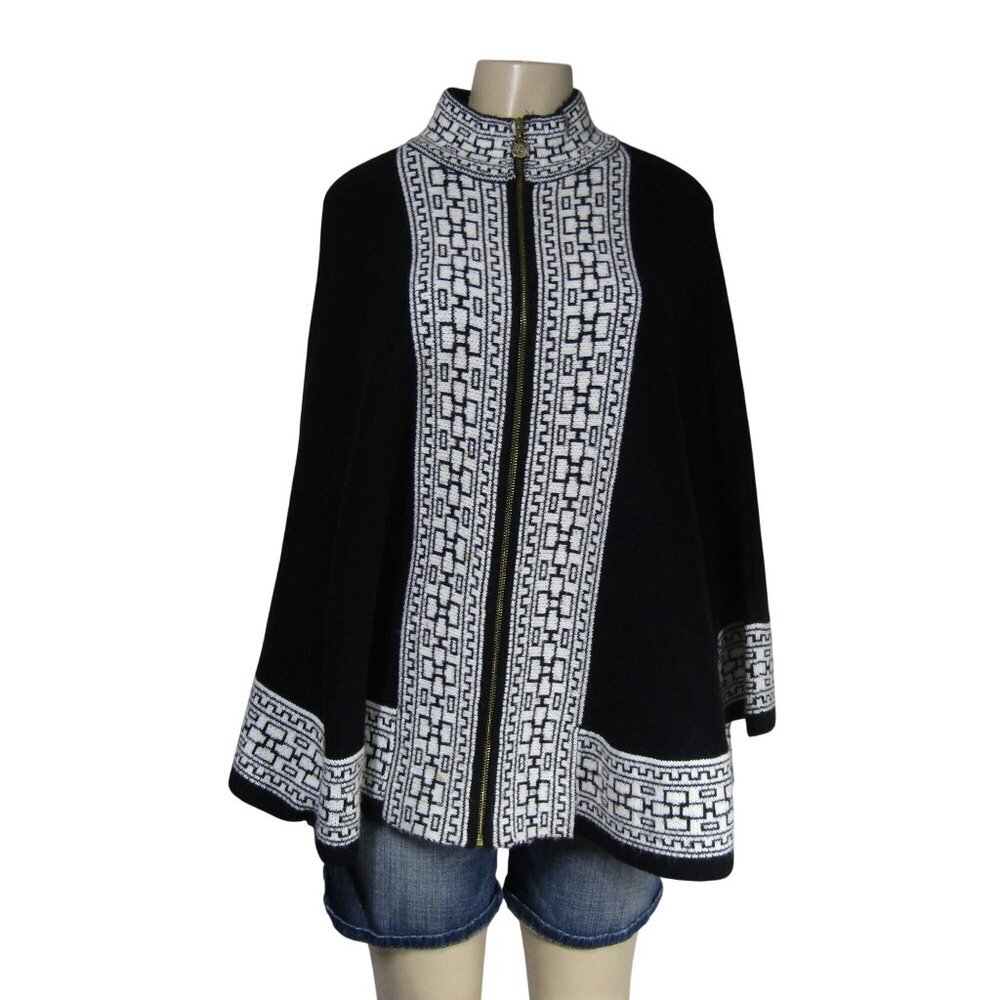 ANNE KLEIN PONCHO Cape Sweater Black Geometric Abstract Gold Lion Zipper L